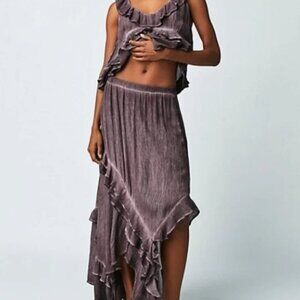 Free People Chocolate Merlot Crinkle Ruffle 2-Piece Set Size L Boho Romantic